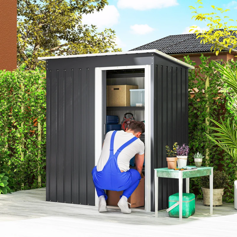 Outsunny 5 x 3 FT Outdoor Storage Shed with Sliding Door and Sloped Roof, Steel Frame Garden Shed Tool Equipment, Black