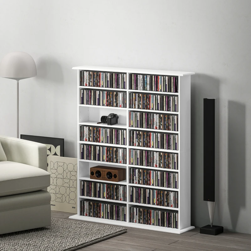 HOMCOM 8-Tier DVD Shelf with 12 Adjustable Shelves, Double CD Shelf, Holds 720 CDs, 396 DVDs or 396 Blu-rays, White