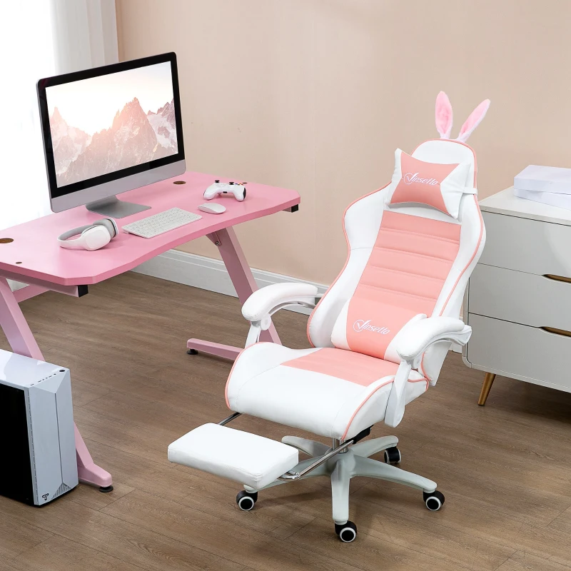 HOMCOM Cute Racing Gamer Chair, PU Leather Gaming Chair with Footrest, Headrest and Lumbar Support, Pink