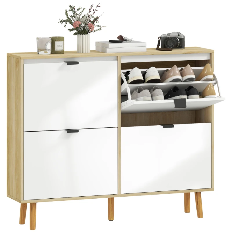 HOMCOM Narrow Shoe Cabinet, High Gloss Shoe Storage Cabinet with 4 Flip Drawers and Adjustable Shelves, Holds 20 Pairs, White