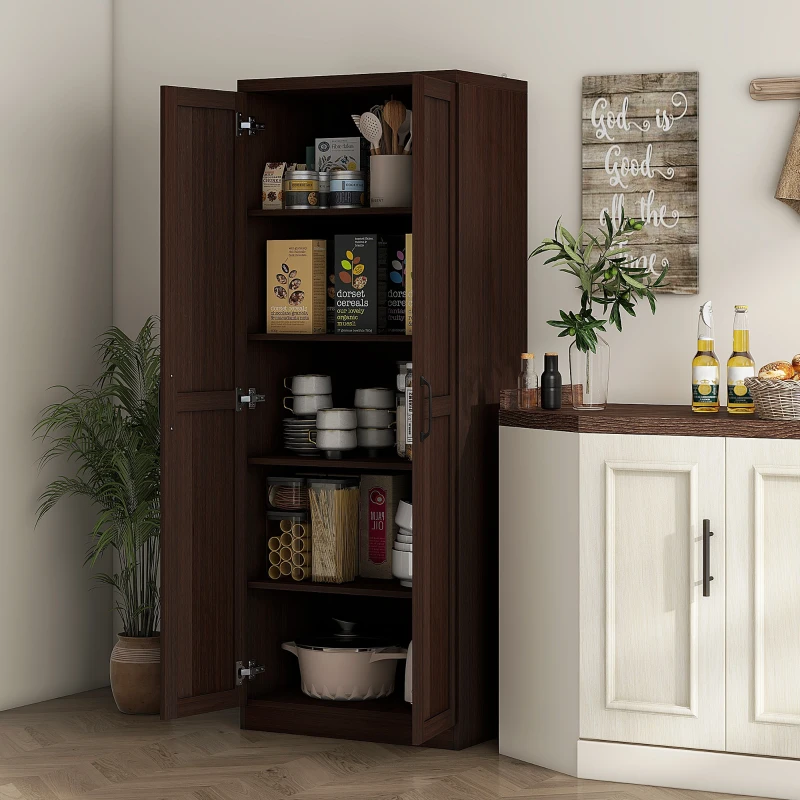 HOMCOM 63" Kitchen Storage Cabinet, 5-tier Pantry Cabinet with Doors and Adjustable Shelves for Dining Room, Dark Brown