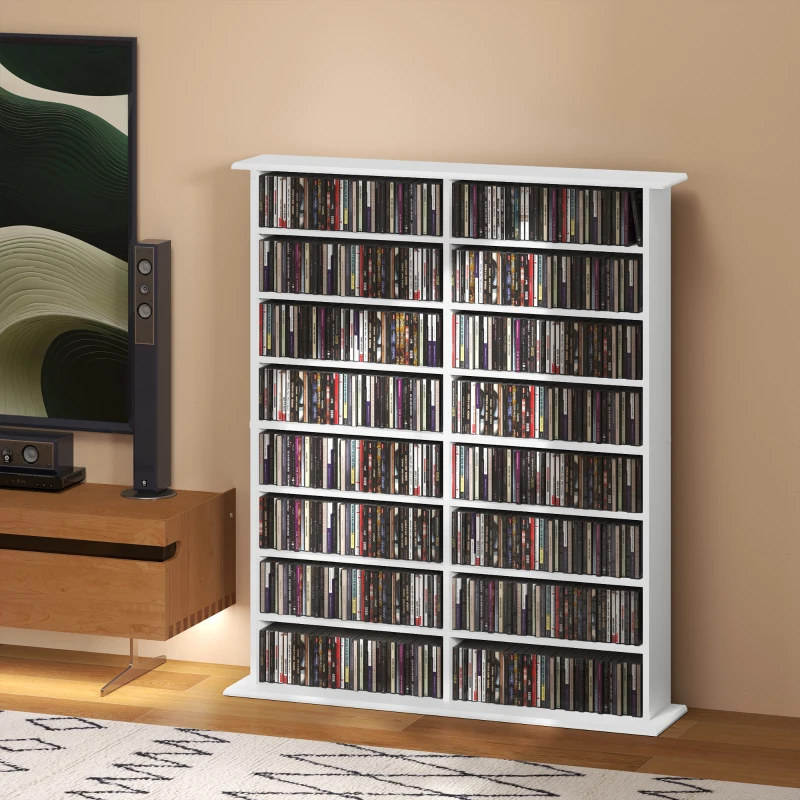 HOMCOM 8-Tier DVD Shelf with 12 Adjustable Shelves, Double CD Shelf, Holds 720 CDs, 396 DVDs or 396 Blu-rays, White