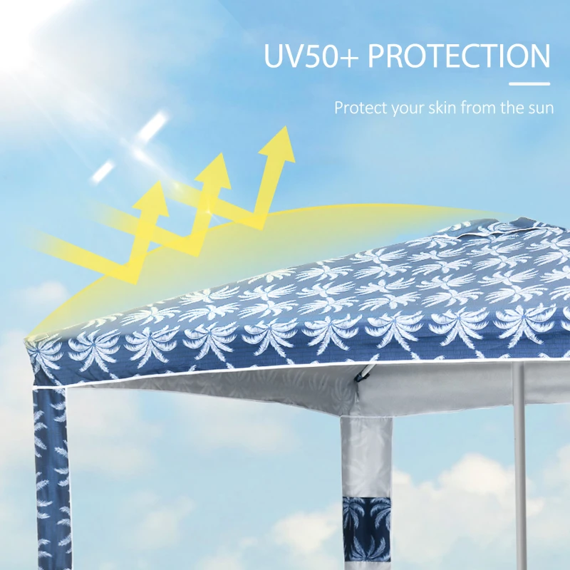 Outsunny Quick Beach Cabana Canopy Umbrella, 6.5' Easy-Assembly Sun-Shade Shelter with Sandbags and Carry Bag, Cool UV50+ Fits Kids & Family, Blue Coconut Palm