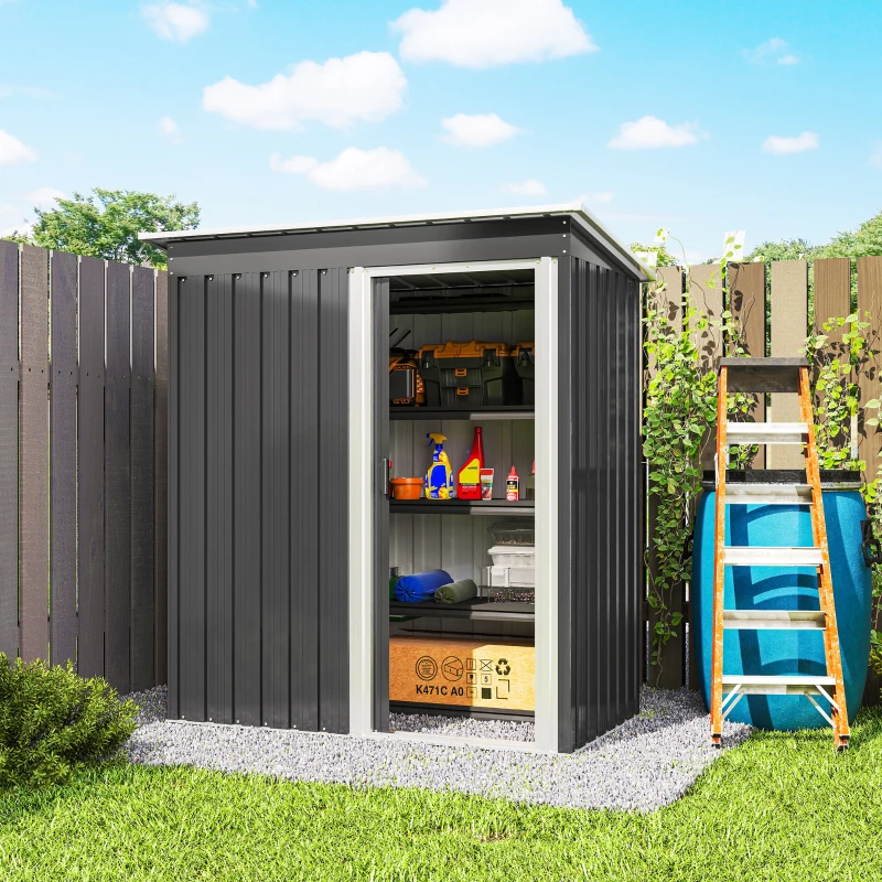 Outsunny 5 x 3 FT Outdoor Storage Shed with Sliding Door and Sloped Roof, Steel Frame Garden Shed Tool Equipment, Black