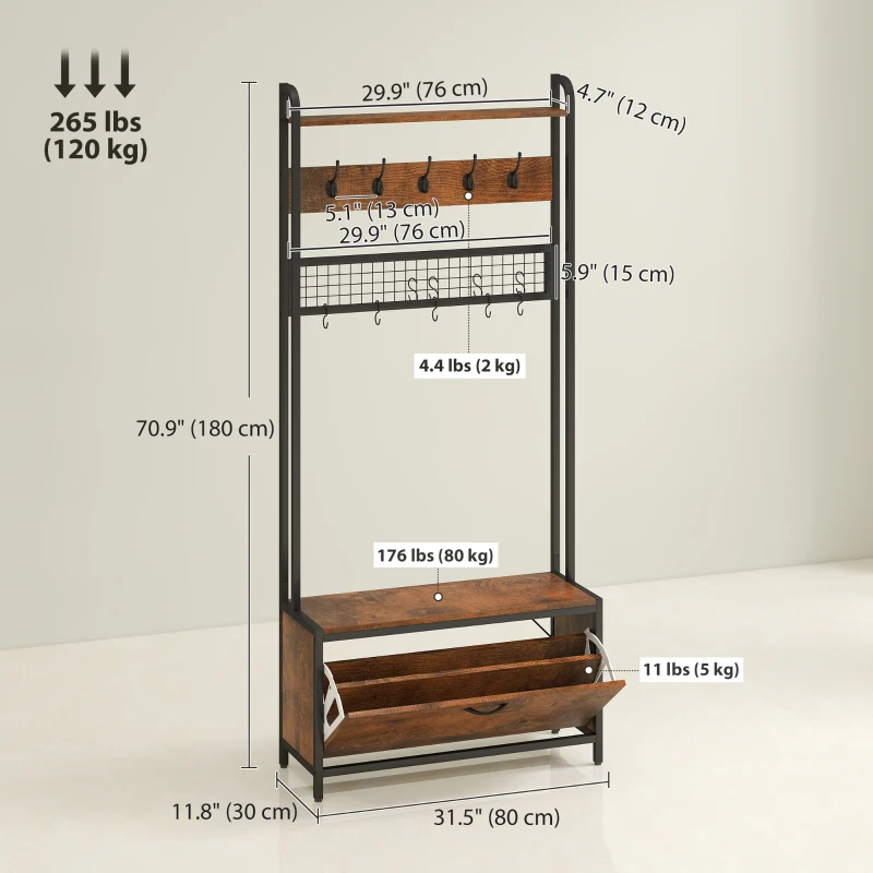 HOMCOM 5-In-1 Coat Rack Shoe Bench, Hall Tree with Bench, Shoe Cabinet, 10 Hooks for Hallway, Mud Room, Rustic Brown