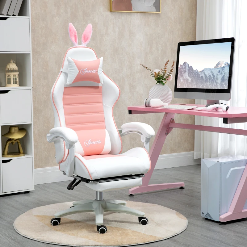 HOMCOM Cute Racing Gamer Chair, PU Leather Gaming Chair with Footrest, Headrest and Lumbar Support, Pink