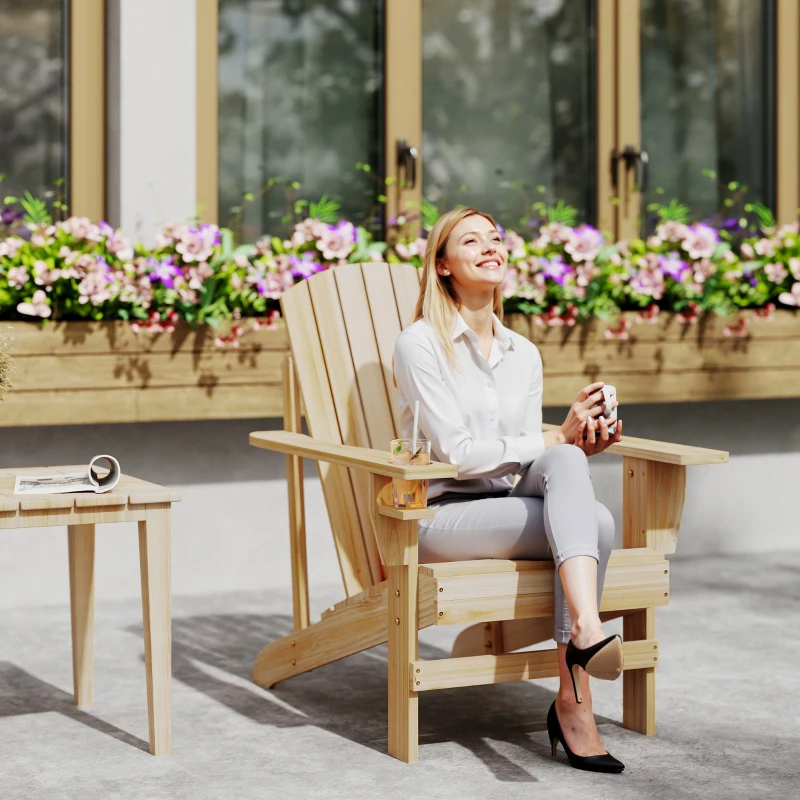 Outsunny Oversized Adirondack Chair, Outdoor Fire Pit and Porch Seating, Classic Log Lounge w/ Built-in Cupholder, Natural Wood