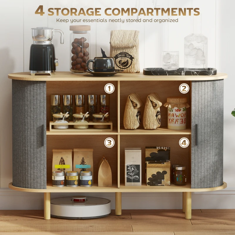 HOMCOM 47" Buffet Cabinet with Tambour Sliding Doors, Fluted Sideboard with Storage Shelves and Wooden Legs, Grey
