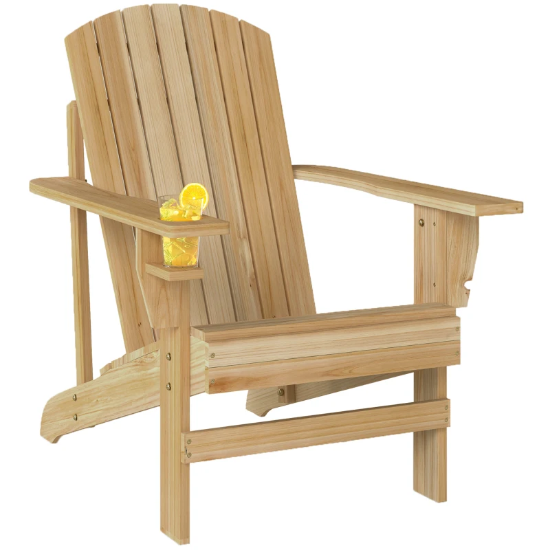 Outsunny Oversized Adirondack Chair, Outdoor Fire Pit and Porch Seating, Classic Log Lounge w/ Built-in Cupholder, Natural Wood