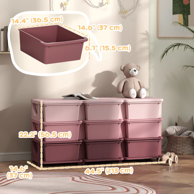 Qaba 3 Tier Kids Toy Organizer and Storage Bins with 9 Plastic Drawers, Pink