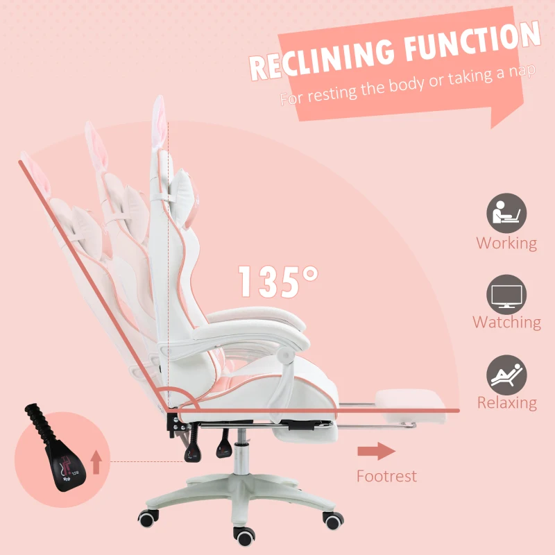 HOMCOM Cute Racing Gamer Chair, PU Leather Gaming Chair with Footrest, Headrest and Lumbar Support, Pink