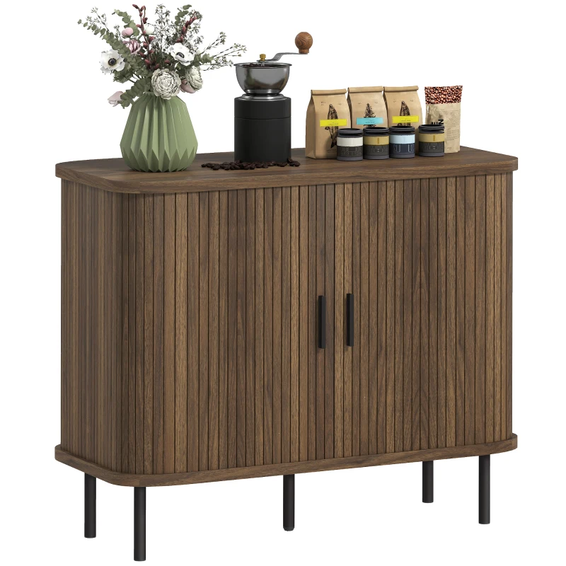 HOMCOM 35.4" Sideboard Buffet Cabinet with Storage, Nordic Coffee Bar Cabinet with Slatted Tambour Doors and Metal Legs, Walnut
