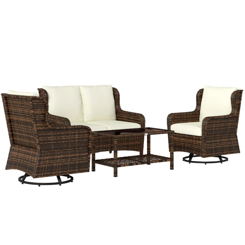 Outsunny 4 Piece Rattan Patio Furniture Set, Conversation Set with Swivel Glider Chairs Table Loveseat for Garden, Patio, Cream