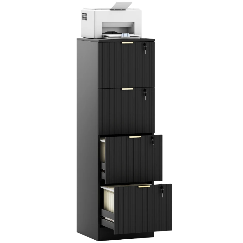 HOMCOM Lockable Filing Cabinet with 4 Fluted Drawers, File Cabinet with Adjustable Hanging Rails for A4 Letter Files, Black