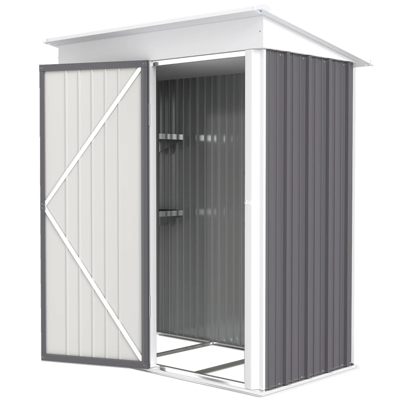 Outsunny Outdoor Storage Shed, Steel Lean-to Shed with Adjustable Shelf, Lock, Gloves, 5'x3'x6', Grey
