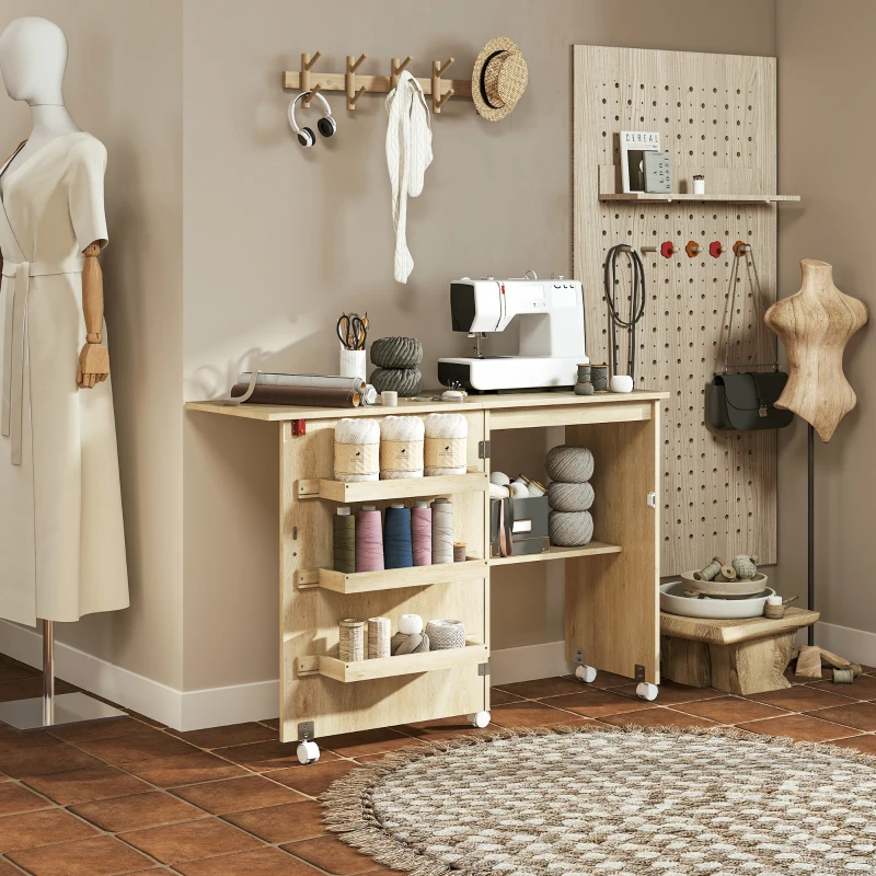 HOMCOM Sewing Machine Cabinet, Folding Sewing Table with Storage Shelf, Bins and Lockable Wheels for Small Space, Nature Wood