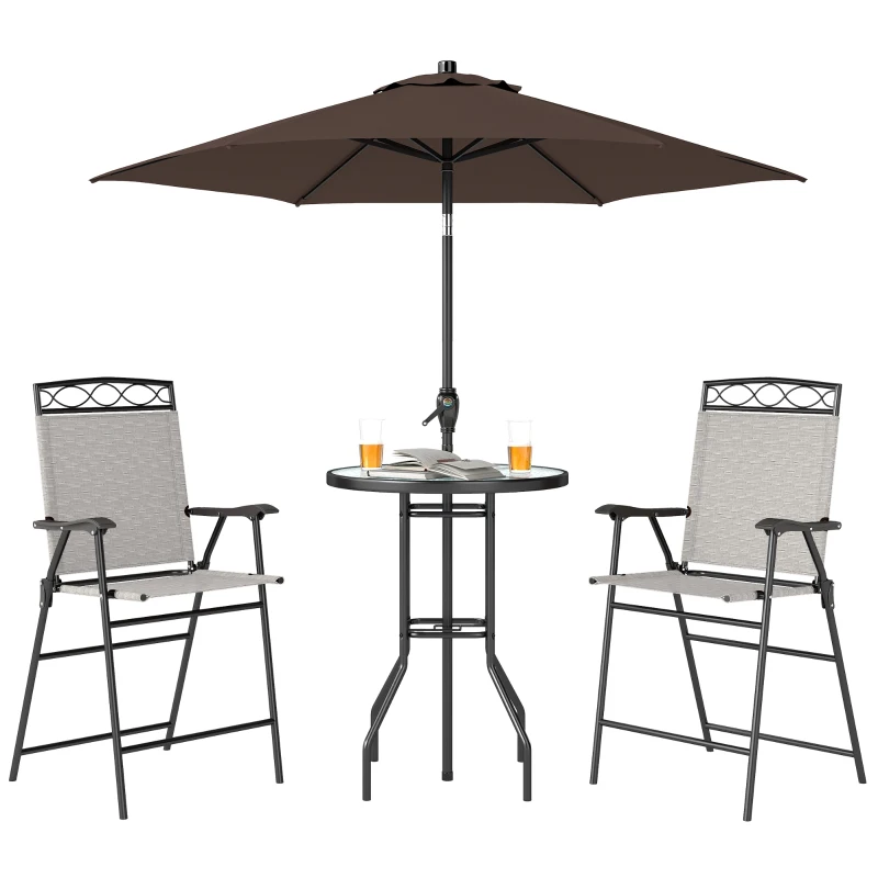 Outsunny 4 Piece Outdoor Bar Set with Umbrella, Patio Dining Set with 2 Folding Chairs, Wave Textured Tempered Glass Table for Backyard, Garden, Deck, Poolside, Beige