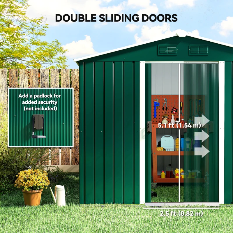 Outsunny 8' x 6' Garden Storage Shed, Metal Tool Shed with Lockable Sliding Doors Vents for Backyard Patio Lawn Gardens, Green