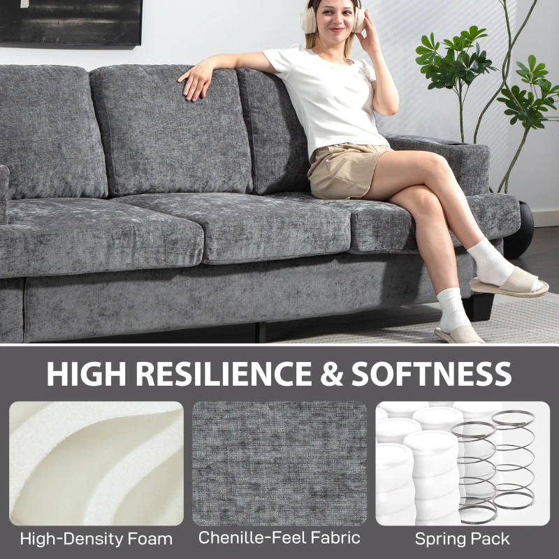 HOMCOM 3 Seater Sofa with USB Ports & Cup Holders, Chenille-Feel Upholstered Couch for Living Room, Grey
