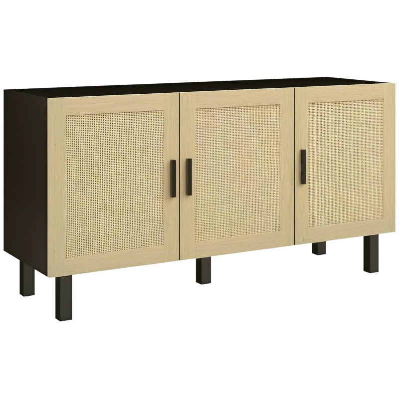 HOMCOM Boho Sideboard Buffet Cabinet with 3 Rattan Doors, Kitchen Cabinet with Adjustable Shelves, Black and Natural