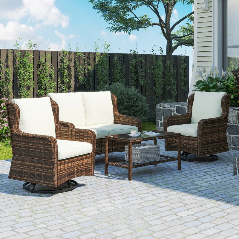 Outsunny 4 Piece Rattan Patio Furniture Set, Conversation Set with Swivel Glider Chairs Table Loveseat for Garden, Patio, Cream
