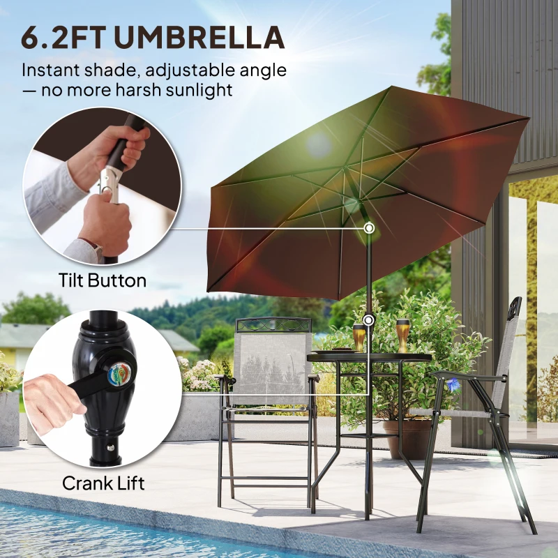 Outsunny 4 Piece Outdoor Bar Set with Umbrella, Patio Dining Set with 2 Folding Chairs, Wave Textured Tempered Glass Table for Backyard, Garden, Deck, Poolside, Beige