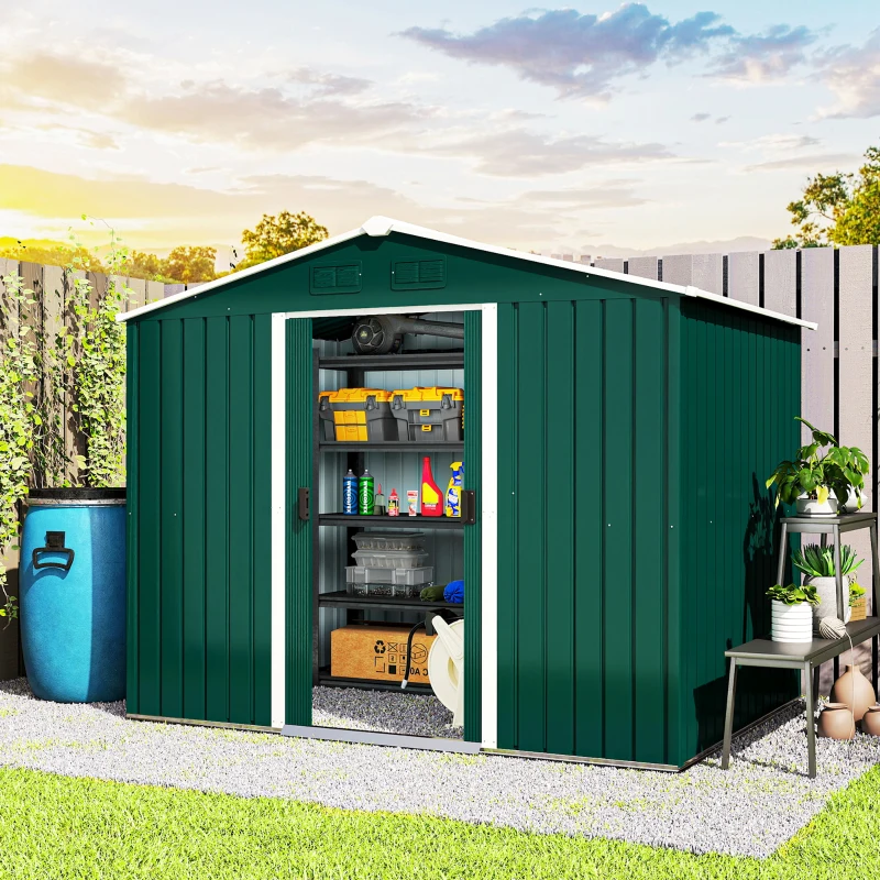 Outsunny 8' x 6' Garden Storage Shed, Metal Tool Shed with Lockable Sliding Doors Vents for Backyard Patio Lawn Gardens, Green
