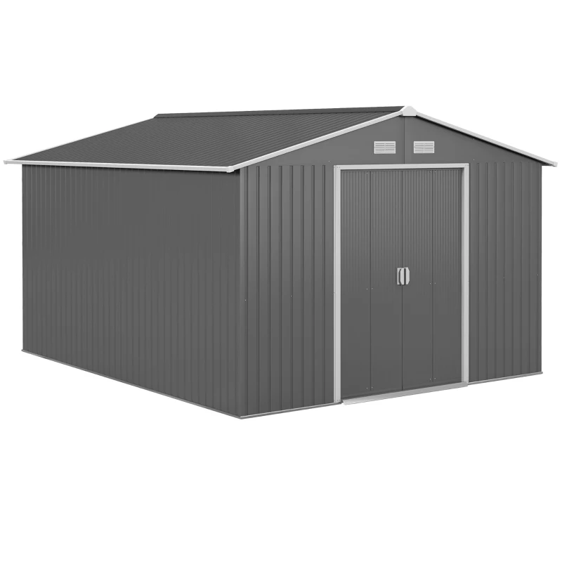 Outsunny 11' x 9' Metal Storage Shed Garden Tool House with Double Sliding Doors, 4 Air Vents for Backyard, Patio, Gray