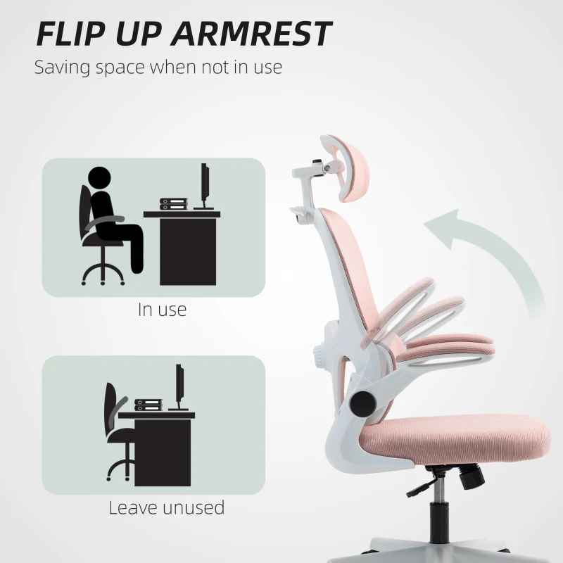 HOMCOM Mesh Office Chair, Ergonomic Desk Chair with Flip-up Armrest, Rotatable Headrest, Adjustable Lumbar Support, Pink