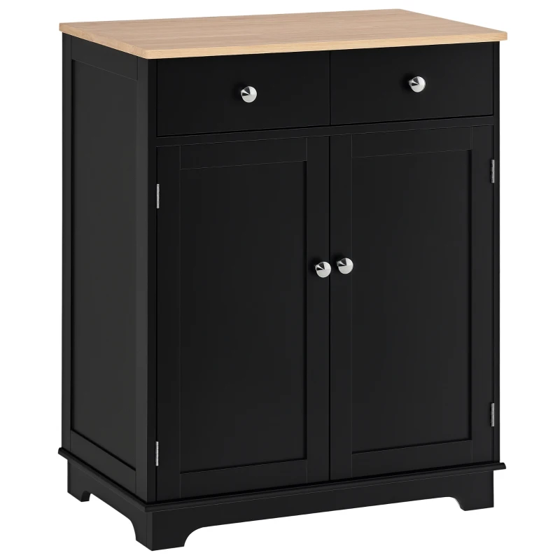 HOMCOM Kitchen Storage Cabinet, Sideboard Floor Cupboard with Solid Wood Top, Adjustable Shelf, and 2 Drawers, Black