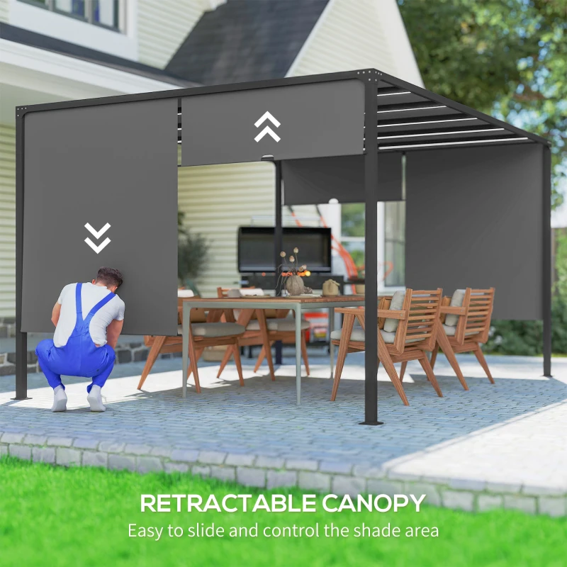 Outsunny 10' x 13' Outdoor Patio Pergola with Sliding Roof, LED Lights, Solar Powered for Garden, Lawn, Backyard, Dark Grey