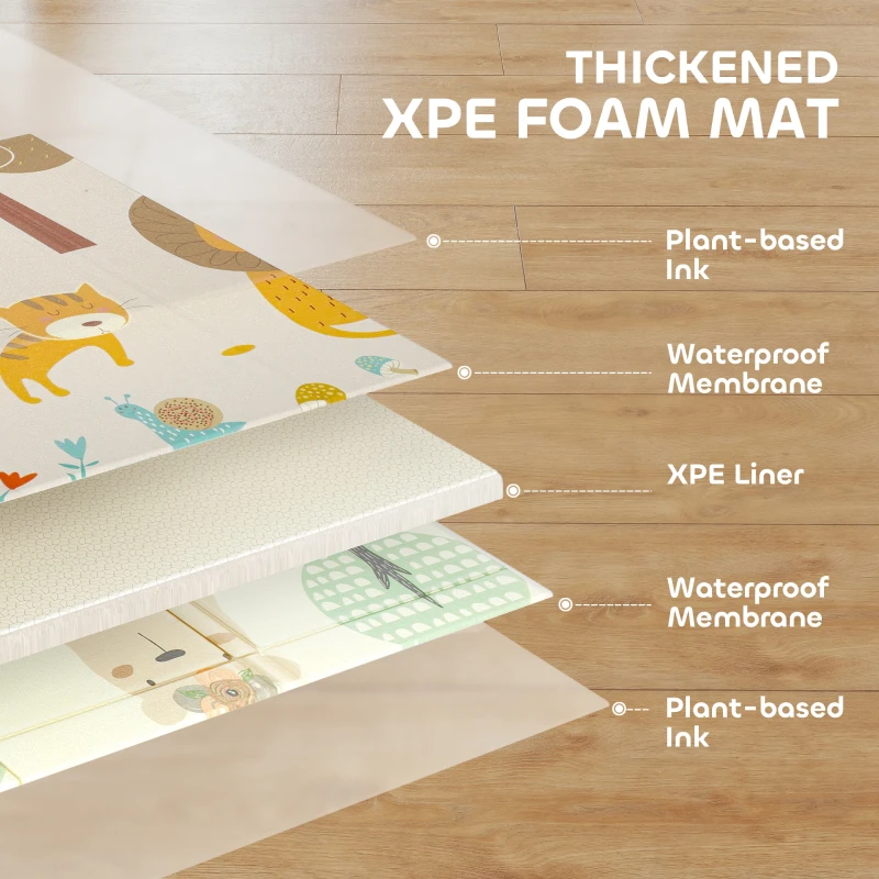 Qaba Double Sided Baby Play Mat, Reversible & Waterproof Foldable Crawling Mat, Animal Theme