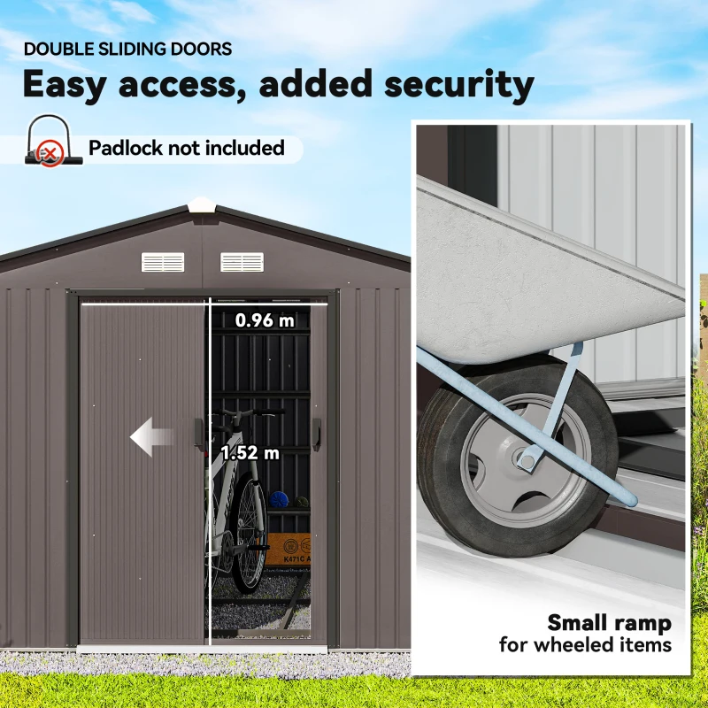 Outsunny 11' x 9' Metal Storage Shed Garden Tool House with Double Sliding Doors, 4 Air Vents for Backyard, Patio, Brown
