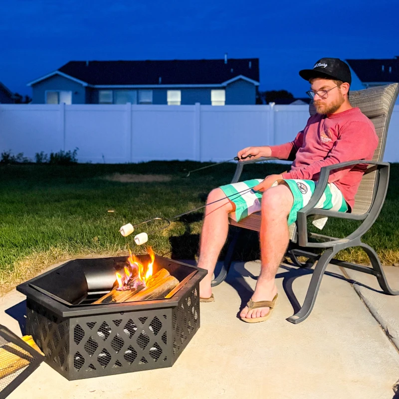 Outsunny 28" Outdoor Fire Pit with Grill Hexagon Fireplace Wood Burning Firepit with Cooking Grate, Fire Poker, Spark Screen Lid