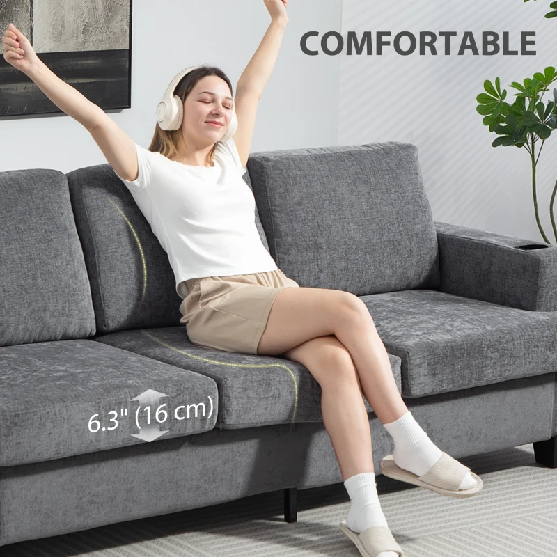 HOMCOM 3 Seater Sofa with USB Ports & Cup Holders, Chenille-Feel Upholstered Couch for Living Room, Grey