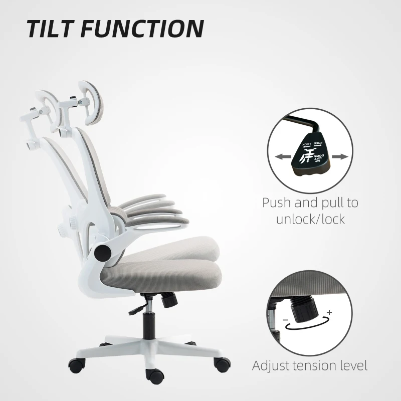 HOMCOM Mesh Office Chair, Ergonomic Desk Chair with Flip-up Armrest, Rotatable Headrest, Adjustable Lumbar Support, Grey