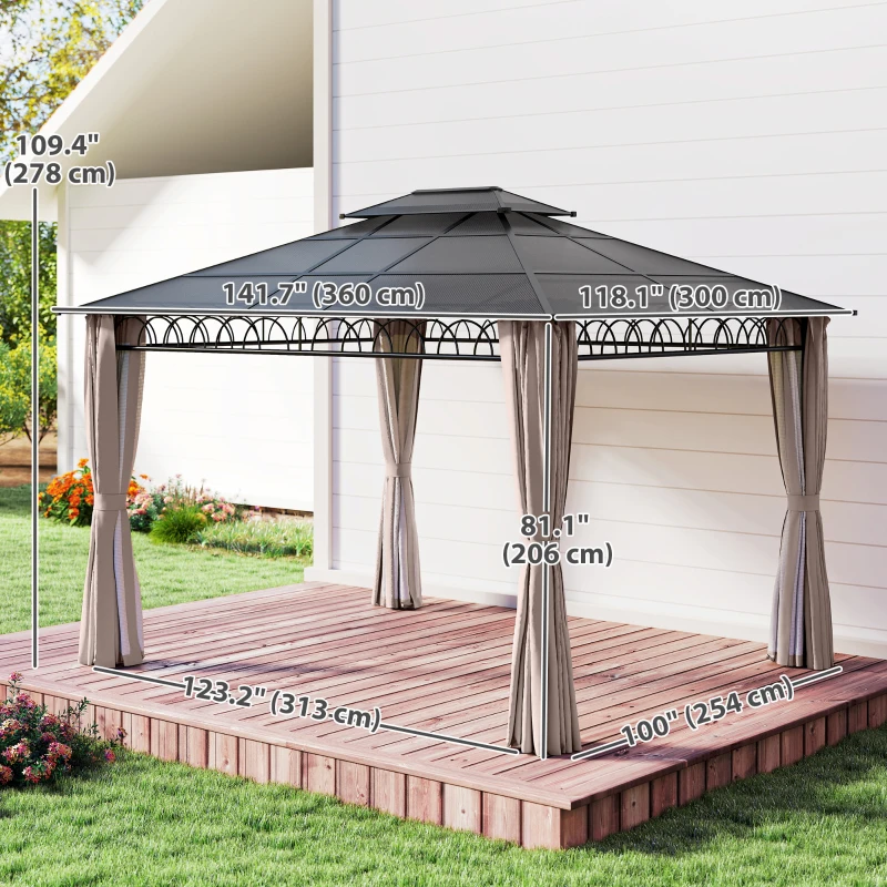 Outsunny 10' x 12' Outdoor Gazebo Canopy, Double Roof Hardtop Gazebo with Polycarbonate Roof, Steel Frame, Nettings and Curtains, for Garden, Lawn, Backyard and Deck, Khaki
