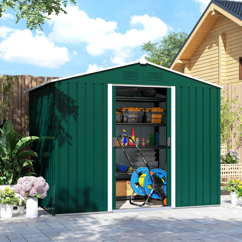 Outsunny 8' x 6' Garden Storage Shed, Metal Tool Shed with Lockable Sliding Doors Vents for Backyard Patio Lawn Gardens, Green