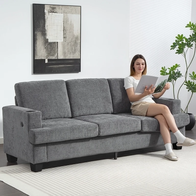 HOMCOM 3 Seater Sofa with USB Ports & Cup Holders, Chenille-Feel Upholstered Couch for Living Room, Grey