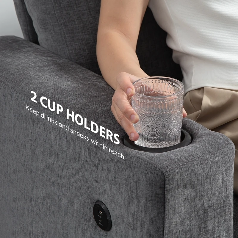 HOMCOM 3 Seater Sofa with USB Ports & Cup Holders, Chenille-Feel Upholstered Couch for Living Room, Grey