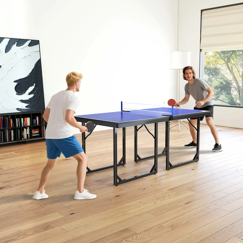 Soozier 6x3ft Compact Midsize Table Tennis Table Multi-Use Family Ping-pong Table Free Standing Folding Blue
