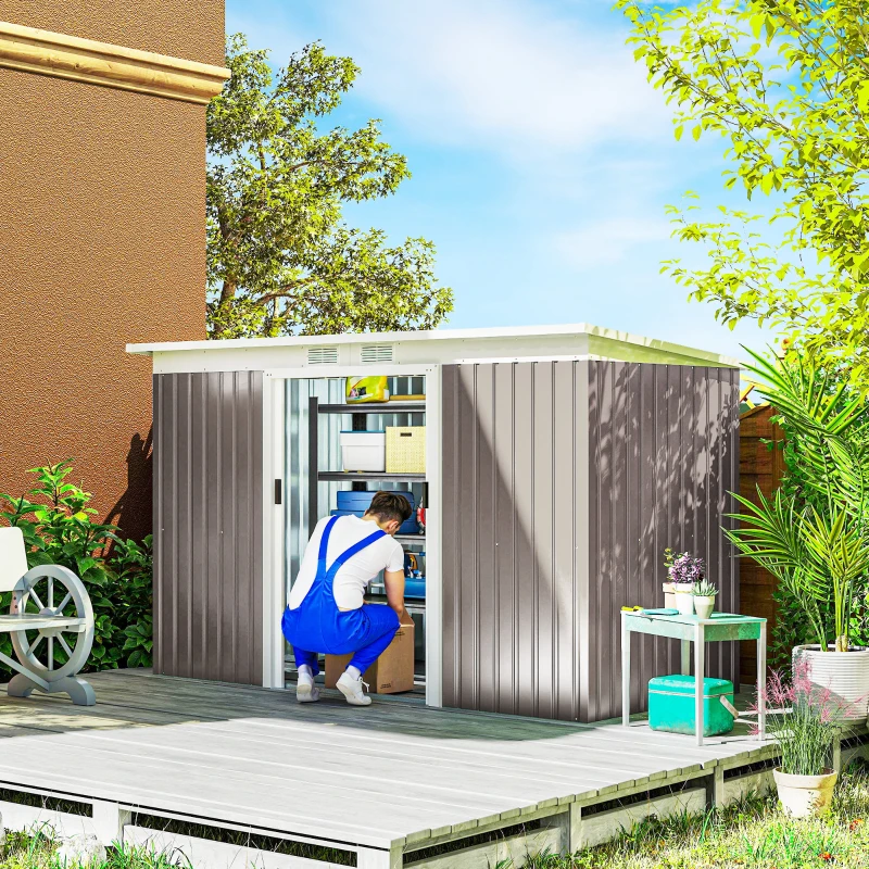 Outsunny 9' x 4' Garden Metal Storage Shed Outdoor Equipment Tool Box with Foundation Kit, Ventilation & Doors, Light Grey