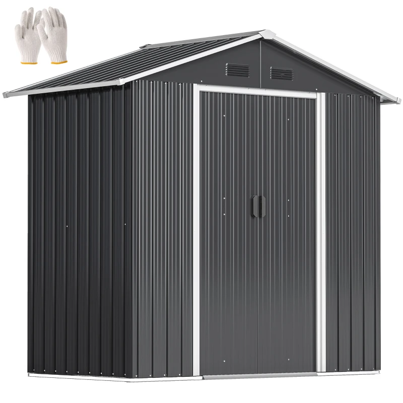 Outsunny 6.5x3.5ft Metal Garden Storage Shed for Outdoor Tool Storage with Double Sliding Doors and Vents, Dark Grey