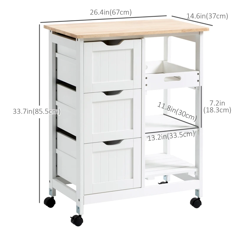 HOMCOM Rolling Kitchen Island Cart, Bar Serving Cart, Compact Trolley on Wheels with Wood Top, Shelves and Drawers (White)