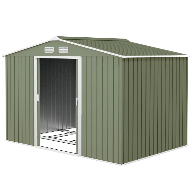 Outsunny 9' x 6' Outdoor Storage Shed, Garden Tool Metal Shed with Foundation Kit, Double Lockable Door, Air Vents and Sloping Roof, for Backyard, Patio, Lawn, Green