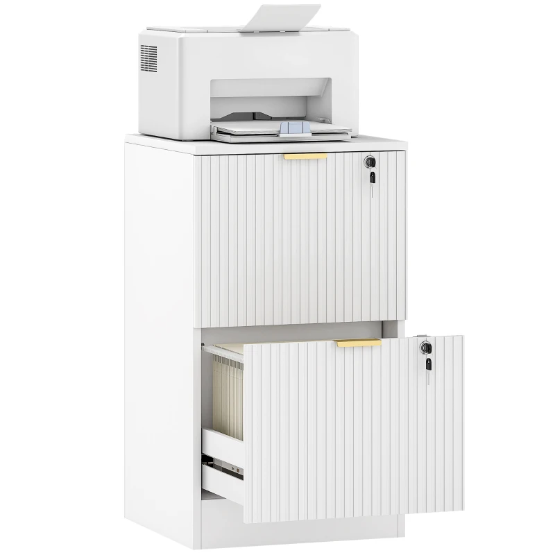 HOMCOM Lockable Filing Cabinet with 2 Fluted Drawers, File Cabinet with Adjustable Hanging Rails for A4 Letter Files, White