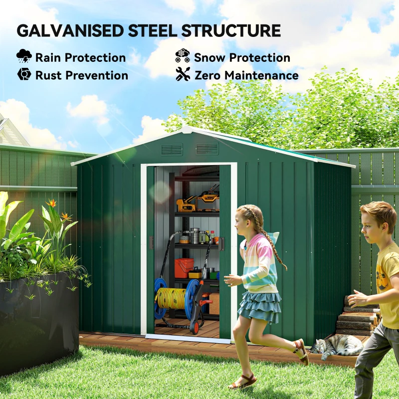 Outsunny 8' x 6' Garden Storage Shed, Metal Tool Shed with Lockable Sliding Doors Vents for Backyard Patio Lawn Gardens, Green