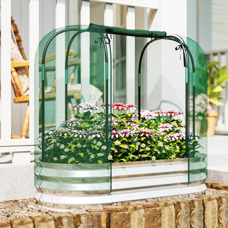 Outsunny Galvanized Raised Garden Bed with Crop Cage Protection Net Cover, Outdoor Planter Box for Vegetables, Flowers, Herbs