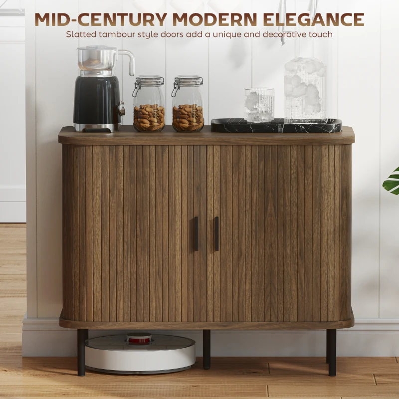 HOMCOM 35.4" Sideboard Buffet Cabinet with Storage, Nordic Coffee Bar Cabinet with Slatted Tambour Doors and Metal Legs, Walnut