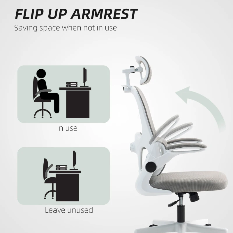 HOMCOM Mesh Office Chair, Ergonomic Desk Chair with Flip-up Armrest, Rotatable Headrest, Adjustable Lumbar Support, Grey